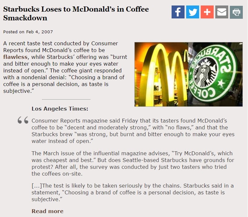 2007년 컨슈머리포트지 평가 보도 - 맥도널드 커피가 스타벅스를 이기다.jpg