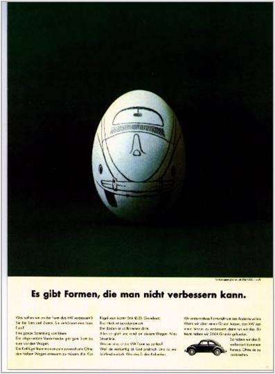 폭스바겐 뉴비틀(New Beetle 광고 개선 불가 달걀처럼 더 디자인 개선은 불가합니다.