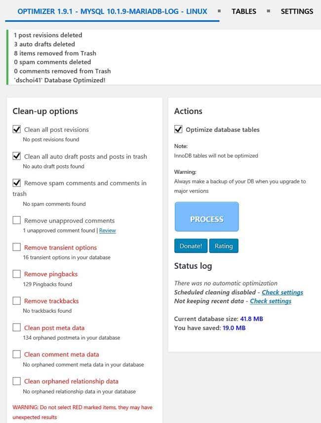 WP-Optimize 실행 모습2