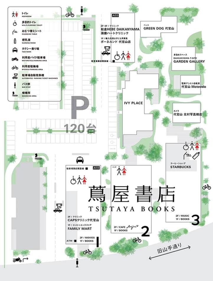 숲속의 도서관 다이칸야마 츠타야서점 - 라이프스타일 제안과 고객가치 창출로 서점의 미래를 만들다 11 다이칸야마 T site를 소개하 사이트에서 빌려온 배치도