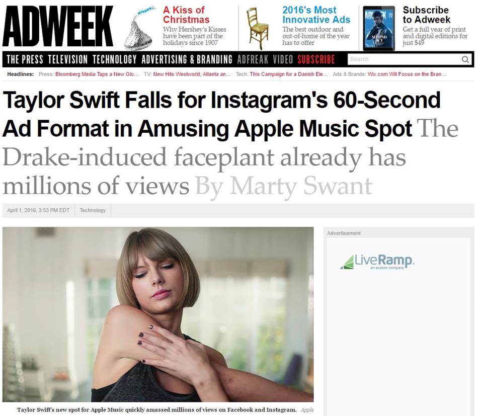 ADWEEK지의 보도_테일러 스위프트 애플 뮤직 광고