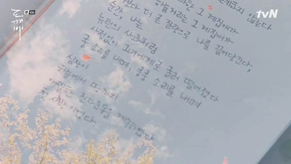 TVN드라마 도깨비에서 공유가 김고은을 바라보며 김인육시인의 사랑의 물리학 시집을 읽는 장면