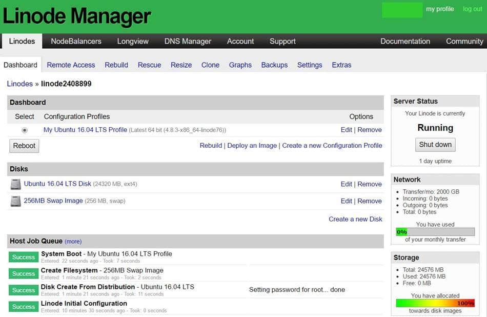 리노드(Linode) 관리자 화면