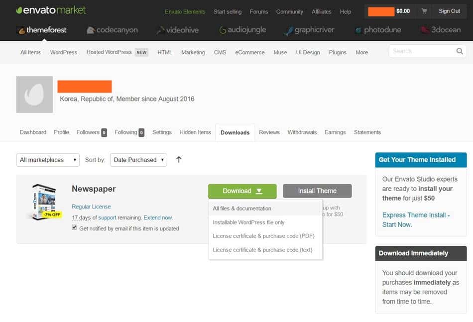 envatomarket에 로그인해서 볼 수 있는 Newspaper7 관리 화면