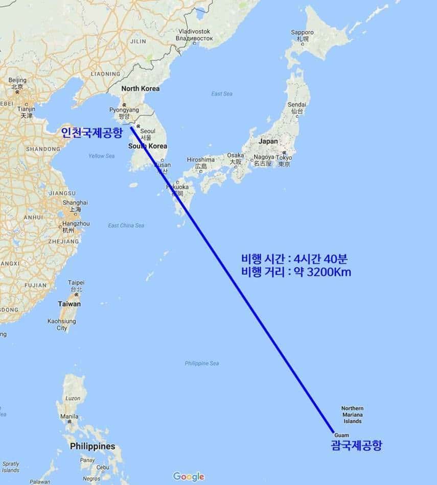 한국과 괌사이의 거리 지도