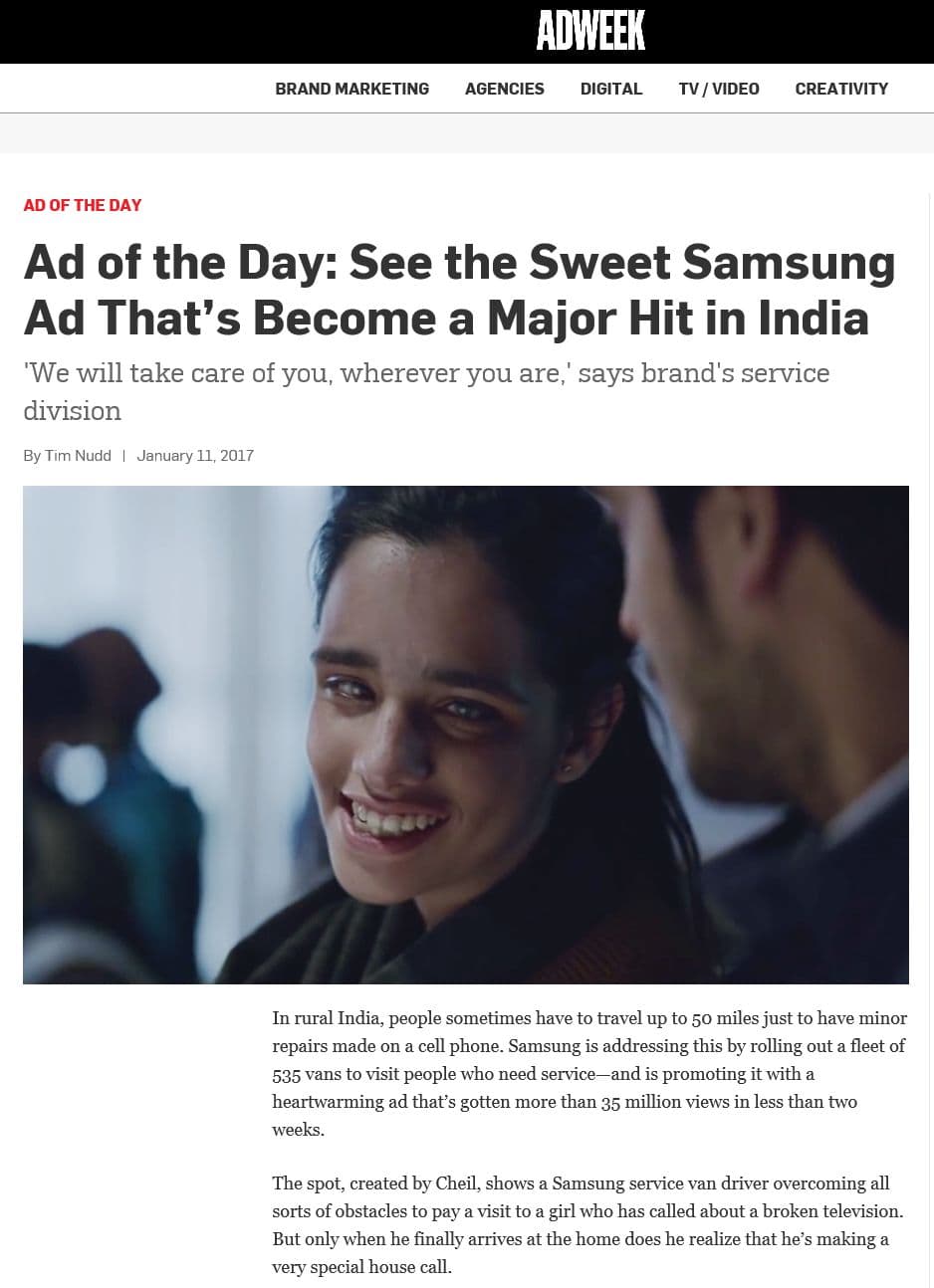 삼성 인디아서비스 광고 애드위크지에서 오늘의 광고로 선정 2017년 1월 11일