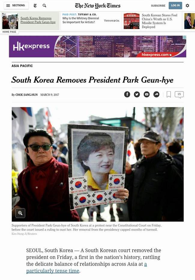 2017년 3월 10일 박근혜 탁핵이 인용되던 날_NewYork Times02_Screenshot_20170310-125913