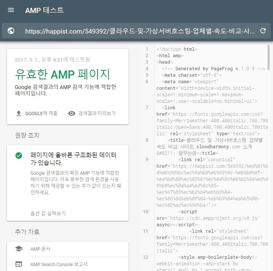 페이지 테스트결과 유효한 AMP 페이지라고 판정이 난 경우