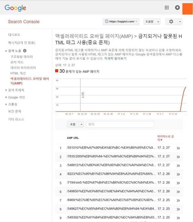 구글 Search Console에서 액셀러레이티드 모바일 페이지(AMP) 모습