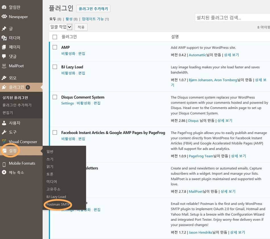 워드프레스 이메일 플러그인 포스트맨 Postman_설정으로 들어가기