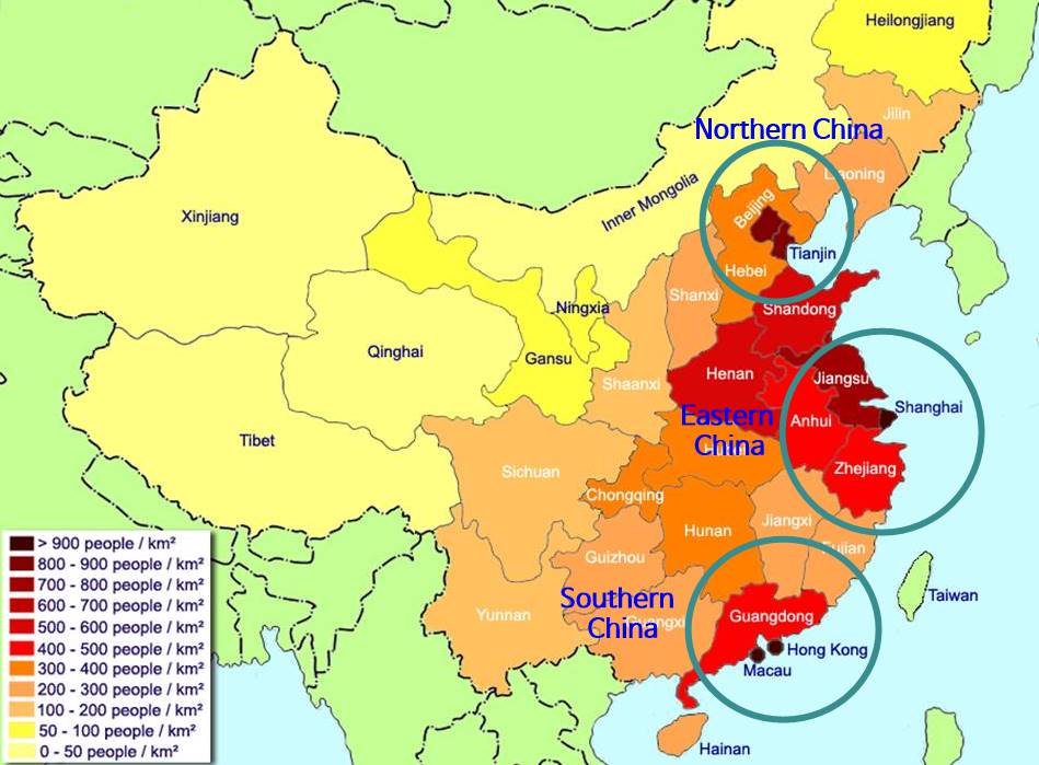 중국 지역별 인구밀도 지도 China population density by adm regions_English