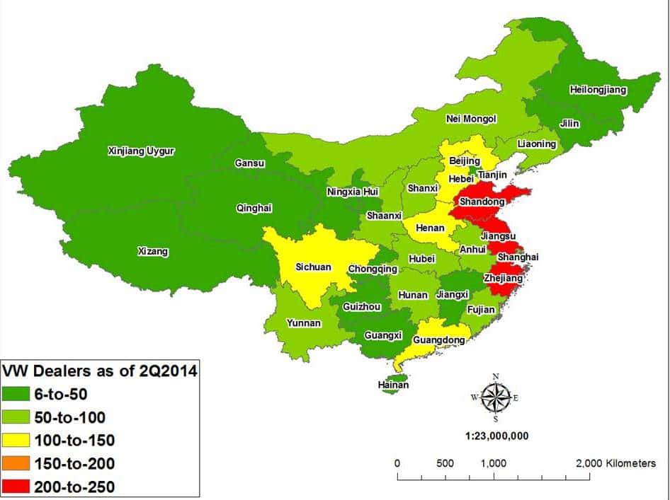 폭스바겐은 어떻게 중국 대륙을 장악했을까? - 과감한 선점 투자와 Mass 시장에 대한 비젼으로 중국 국민차가 되다 3 중국 폭스바겐 딜러쉽 현황92014년 기준)_VW Dealerships by Province, 2Q2014