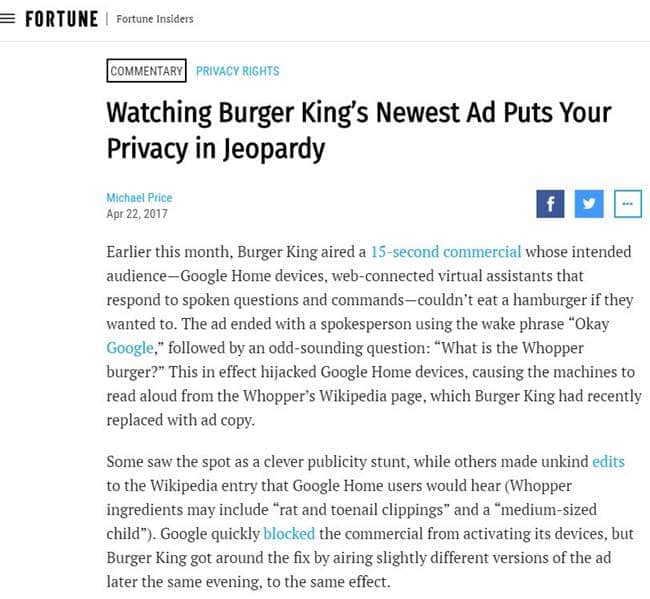 버거킹 광고에 대한 포춘 기사