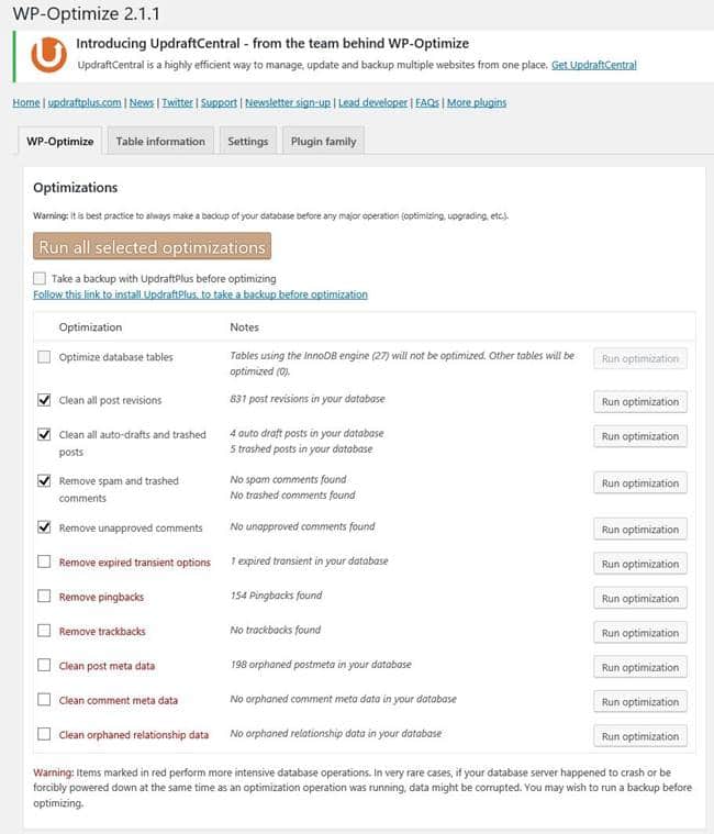 WP-Optimize 플러그인 실행 모습
