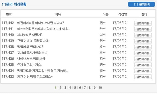인터넷나야나 랜섬웨어 감영 후 일대일 문의사항 리스트