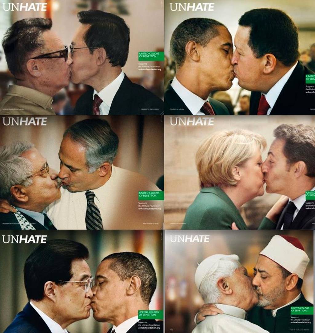 베네통 논쟁 광고 2011년 Unhate 캠페인 세계 각구 주요 지도자가 키스하는 모습의 광고로 논란이 됨