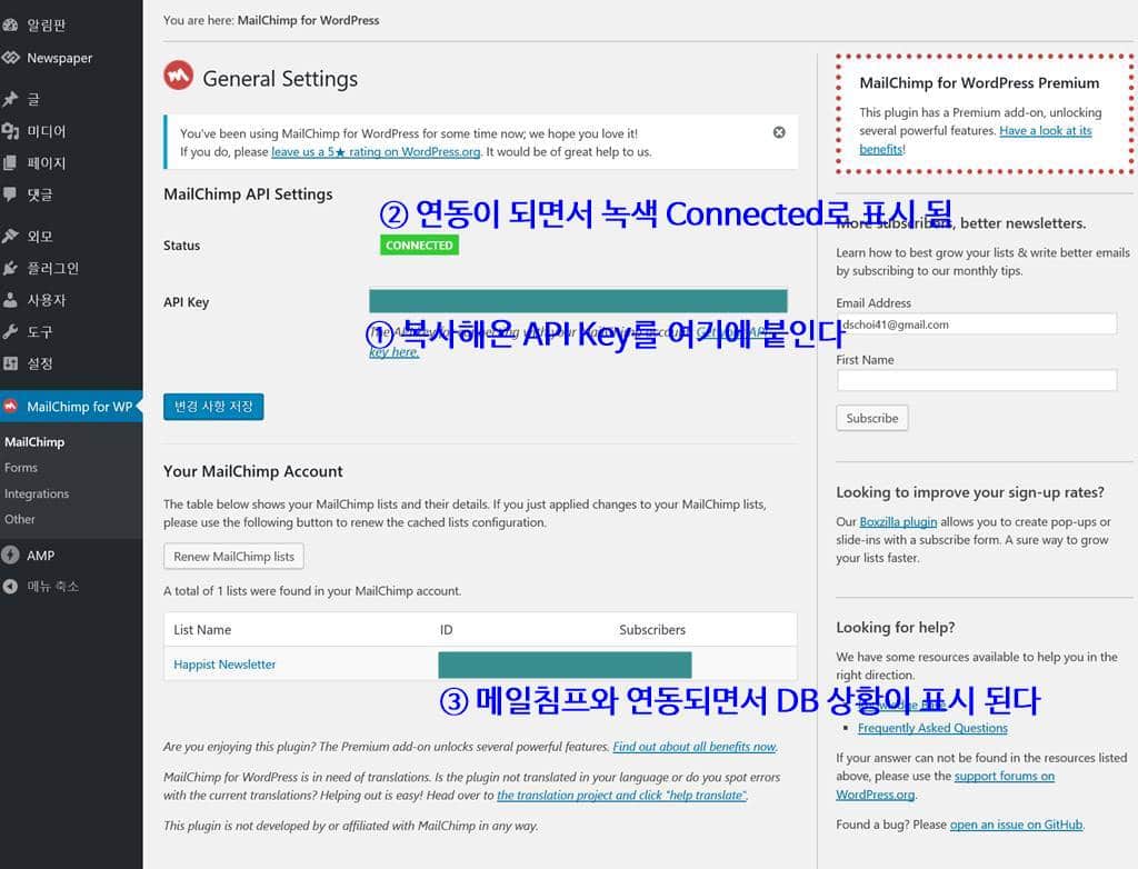 MailChimp for WordPress 세팅 화면