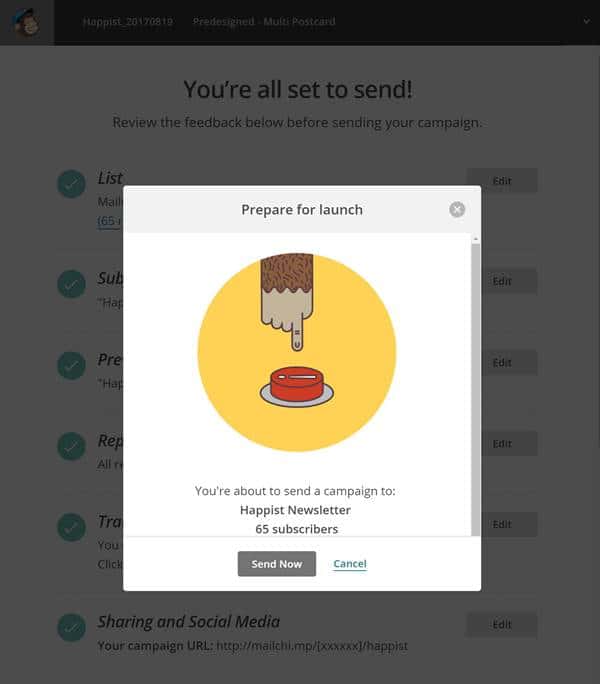 메일침브(MailChimp) 캠페인 만들기 메일 보내기 준비 완료