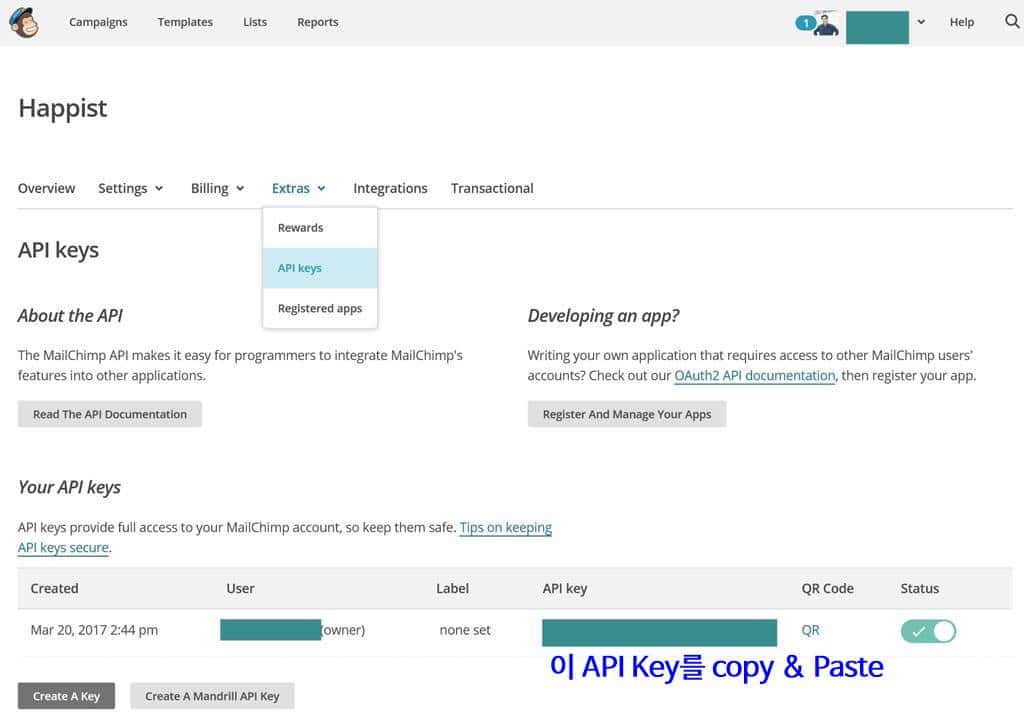 메일침프(MailChimp) API key