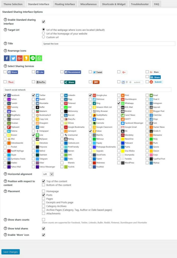 SNS 공유 플러그인 Sassy Social Share  메뉴_Standard interface