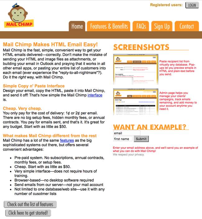 5년동안 유지되었던 메일침프 초기 웹사이트 디자인