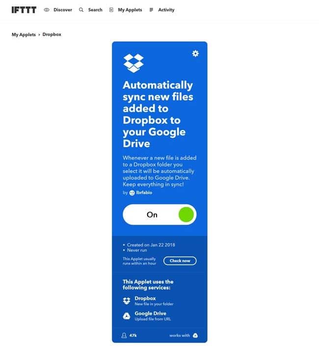IFTTT Dropbox 에서 구글 드라이브로 복사 ifttt-applets-71065408d-automatically-sync-new-files-added-to-dropbox-to-your-google-drive-1516620842331