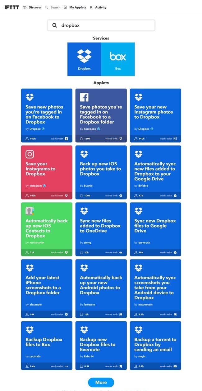 IFTTT에서 Dropbox 검색 결과