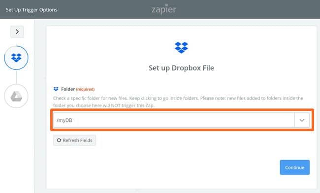 Zapier 사용법_Dropbox에서 구글 드라이브로 복사 기능 설정_Dropbox 계정 선택_계정 확정+저장_디렉토리 설정