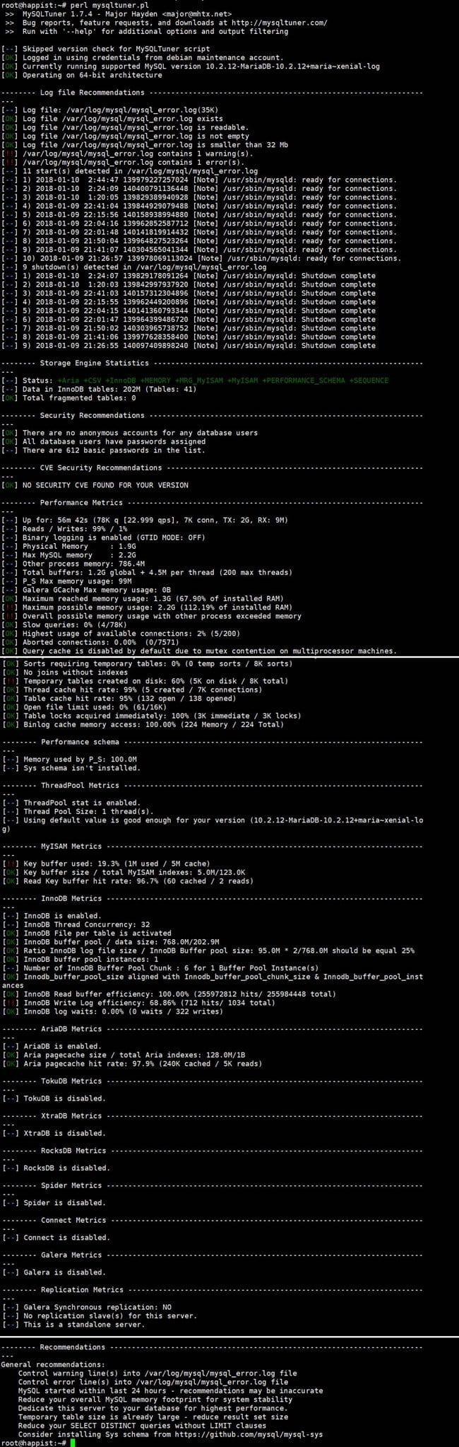 perl mysqltuner 튜닝 결과