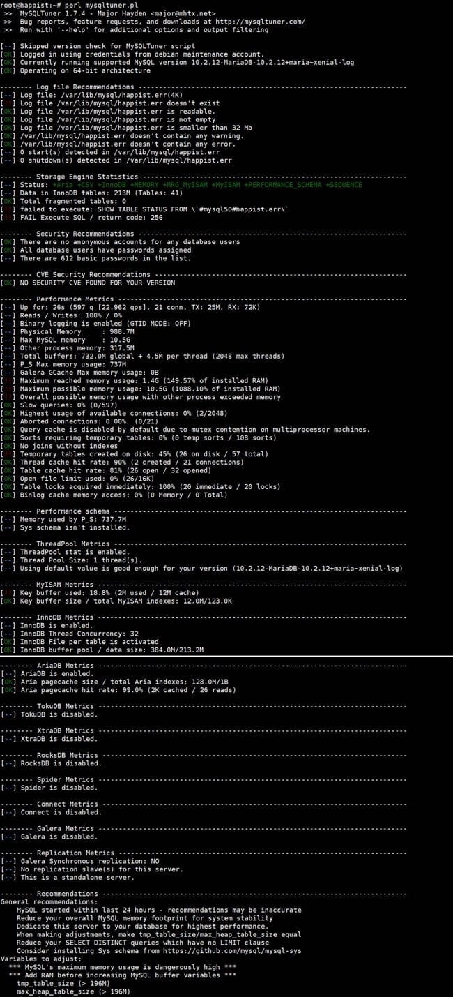 perl mysqltuner.pl 처음 테스트