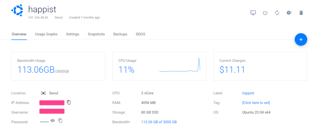 벌처 서울 리전 서버 상세 정보,  Vultr server Details