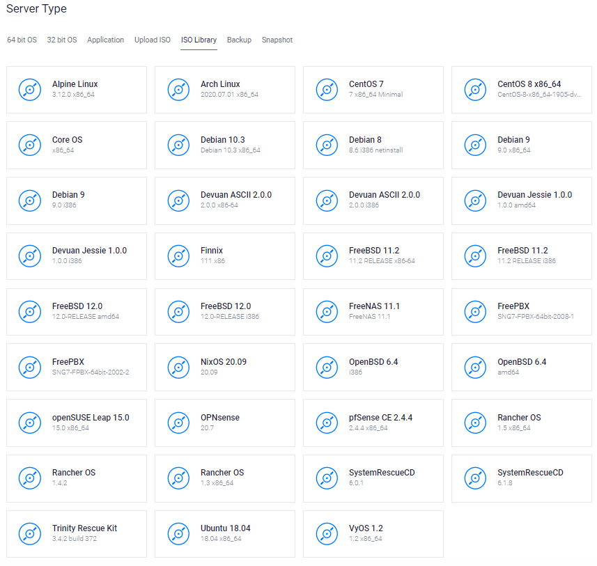 서버 설치, 가상서버호스팅 vultr 서버 운영체제 ISO 라이브러리에서 선택 장면