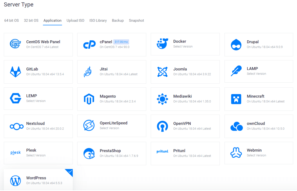 서버 설치, 가상서버호스팅 vultr 서버 운영체제와 어플리케이션 선택 장면