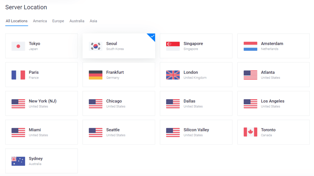 서버 설치, 가상서버호스팅 vultr 서버 위치 선택 장면
