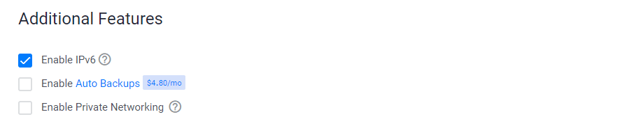 서버 설치, 가상서버호스팅 vultr 서버 추가 기능(Additional Features) 선택 장면