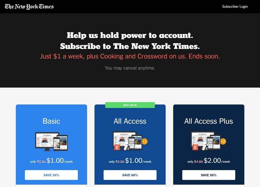 뉴욕타임즈 구독 신청 화면