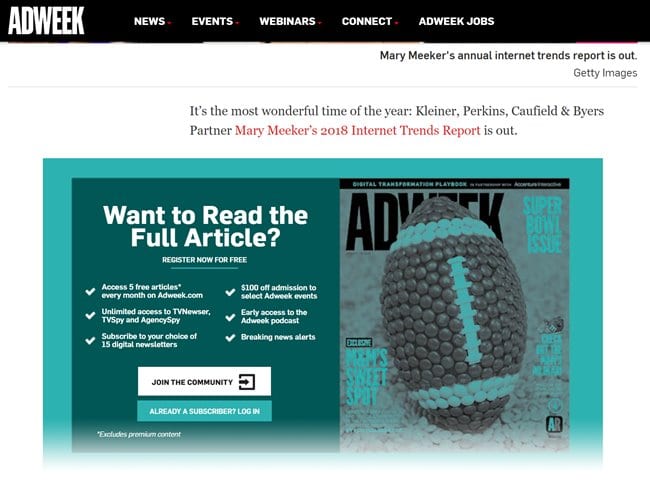 ADWEEK 사이트의 유료 구독 안내 팝업 ADWEEK's request for sunscription