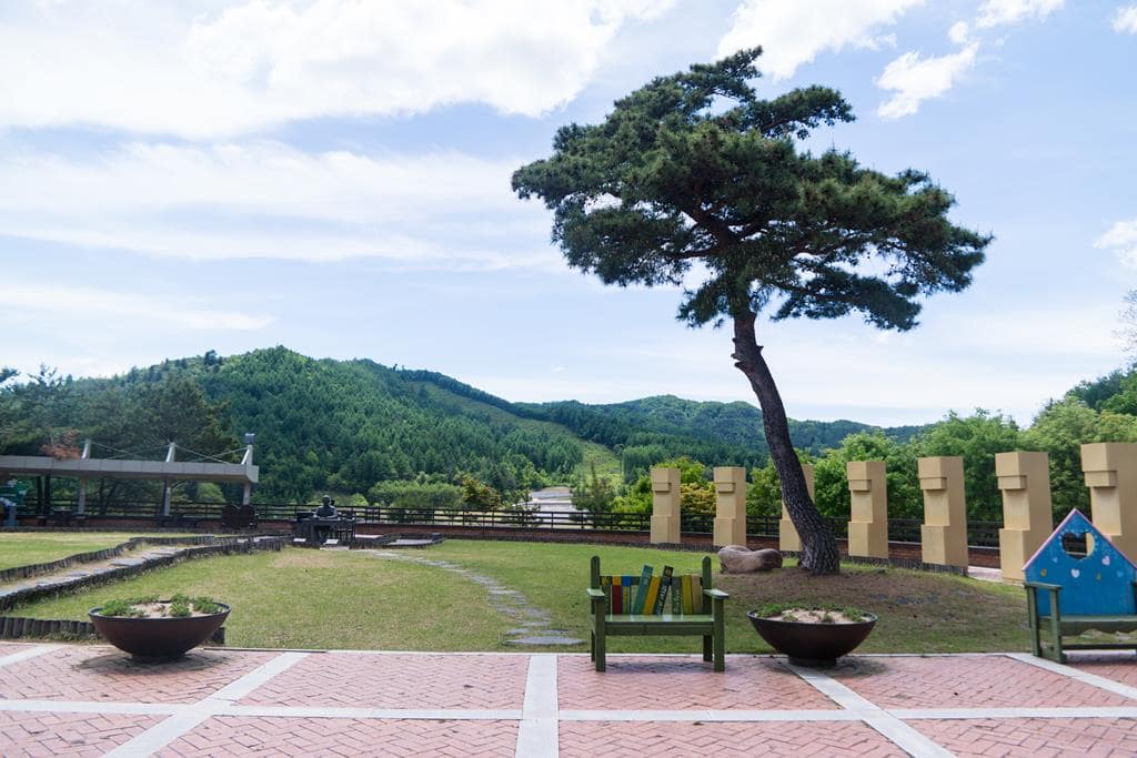 이효석문학관_문학관 앞 풍경, 이효석좌상과소나무 그리고 벤치-6131