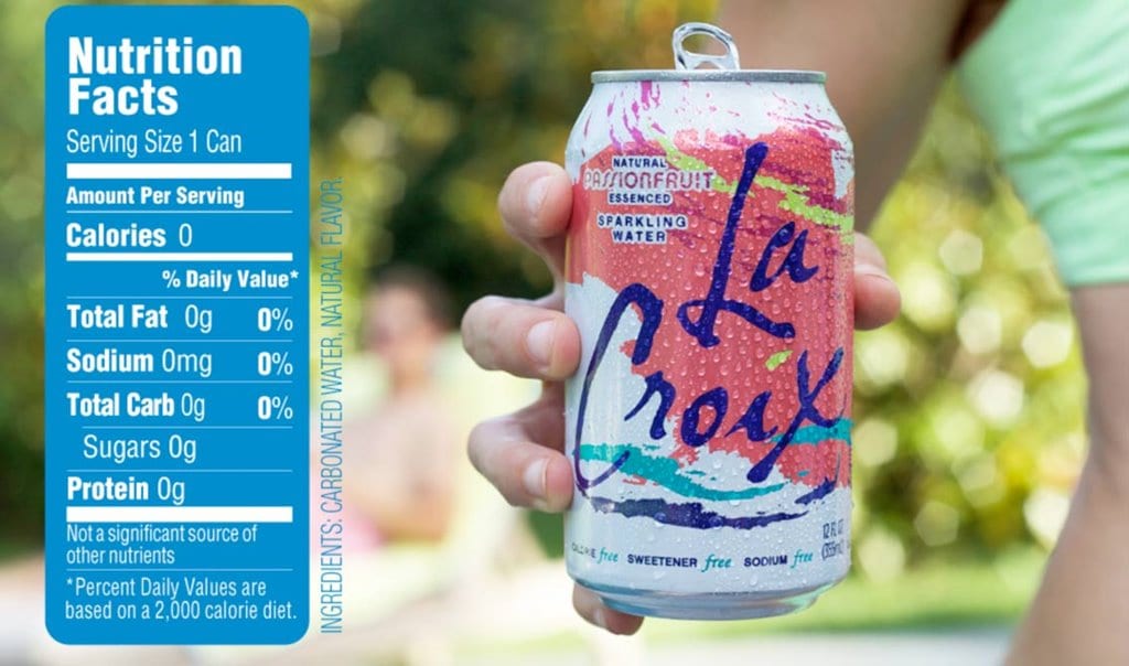 칼로리 제로, 소다 제로, 설탕 제로 등을 소구하는 LaCroix 광고물