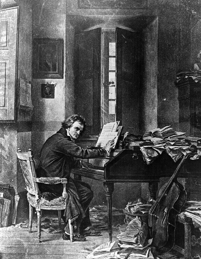 베토벤 1800s 1811 PAINTING BY SCHLOESSER OF LUDWIG VAN BEETHOVEN IN HIS STUDY IN VIENNA SEATED AT THE PIANO COMPOSING