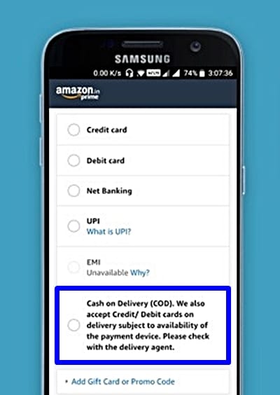 아마존 인도 아마존 COD(Cash on Delivery) 결제 기능 amazon india payment in samsung smart phone