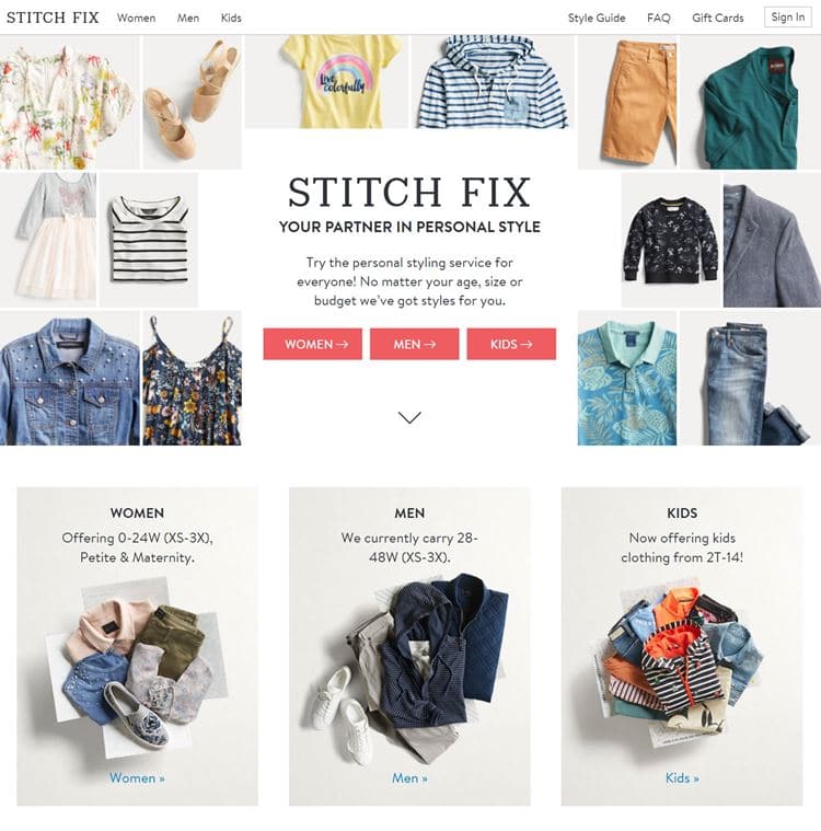 개인화된 쇼핑 경험으로 인기를 끌고 있는 스티치 픽스(Stitch Fix) 사이트 메인