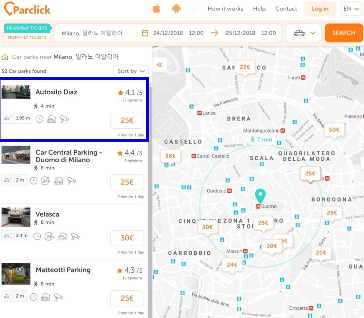 이탈리아를 비롯한 유럽 도시별 주차장 예약을 가능케 해주는 사이트 또는 앱 Parclick