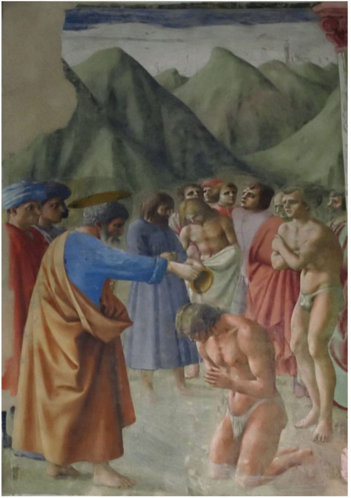 부랑카치 채플(Brancacci Chapel)의 초마사(Masaccio) 작품, 세례를 베프는 성 베드로(Baptism of the Neophytes)