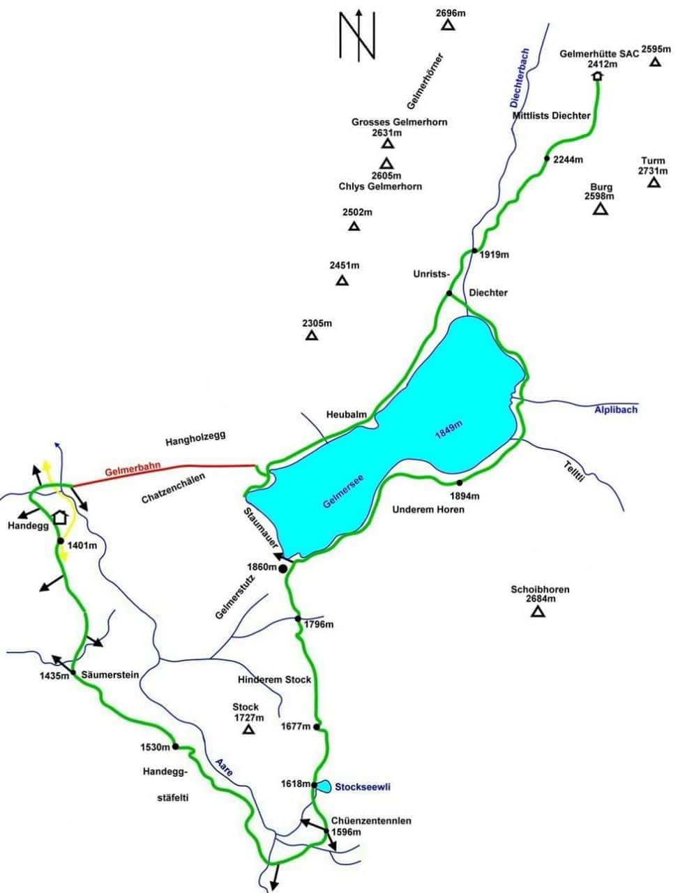 겔머 호수(Gelmersee) 가는 Gelmerbahn과 호수 주변의 트레킹 맵
