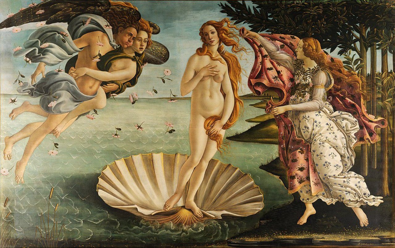 산드로 보티첼리가 그린 비너스의 탄생, Sandro Botticelli, The Birth of Venus, 1484-86년경, Tempera on canvas, 172.5 cm × 278.9 cm, Galleria degli Uffizi, Florence