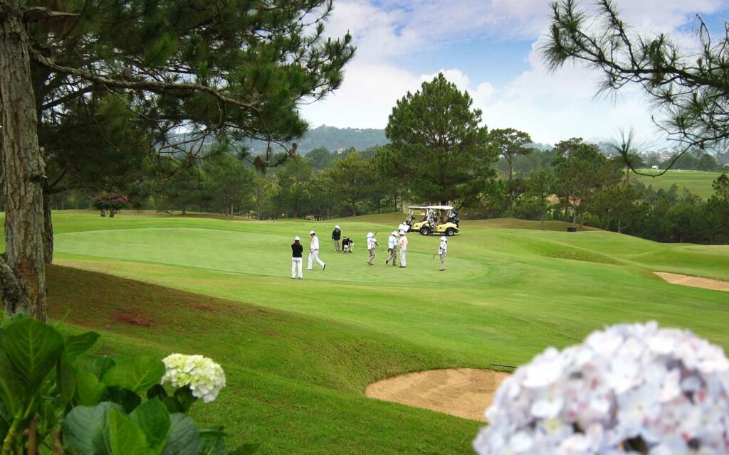 달랏 팰리스 골프클럽(Dalat Palace Golf Club), 수국과 소나무 그리고 푸른 필드에서 라운딩을 즐기는 회원들