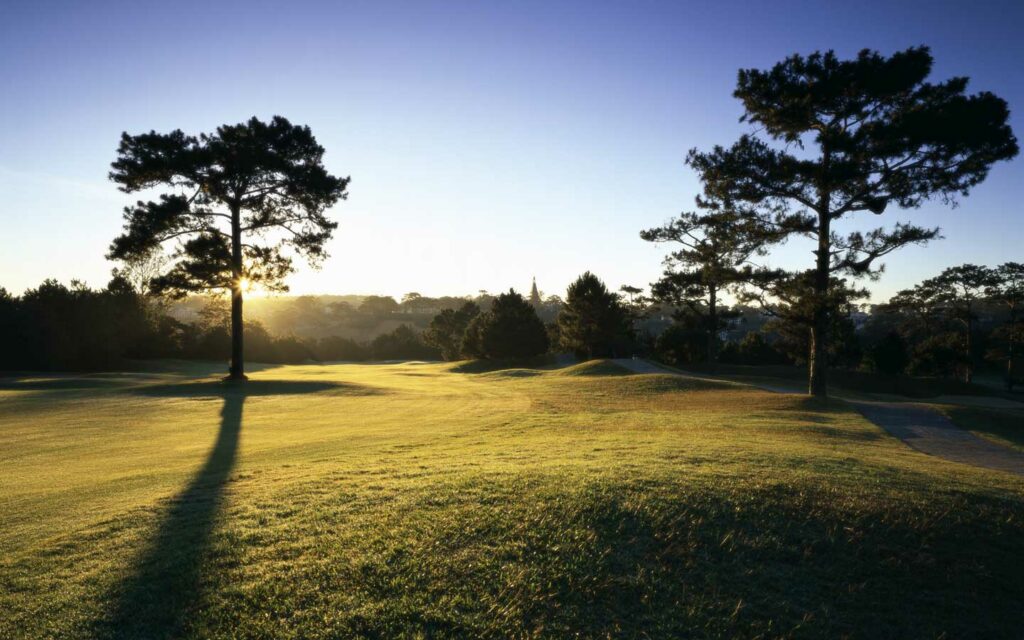 달랏 팰리스 골프클럽(Dalat Palace Golf Club), 커다란 아름들이 소나무와 떠오르는 태양이 비추는 필드 풍경 07