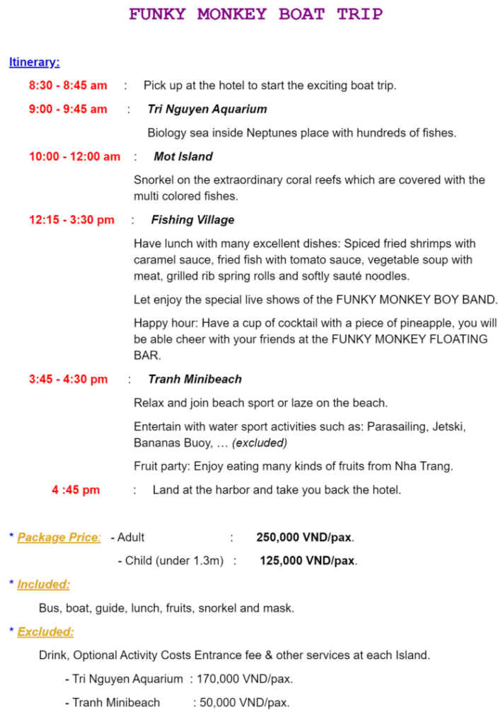베트남 나트랑 펑키 멍키 보트 트립 영문 소개