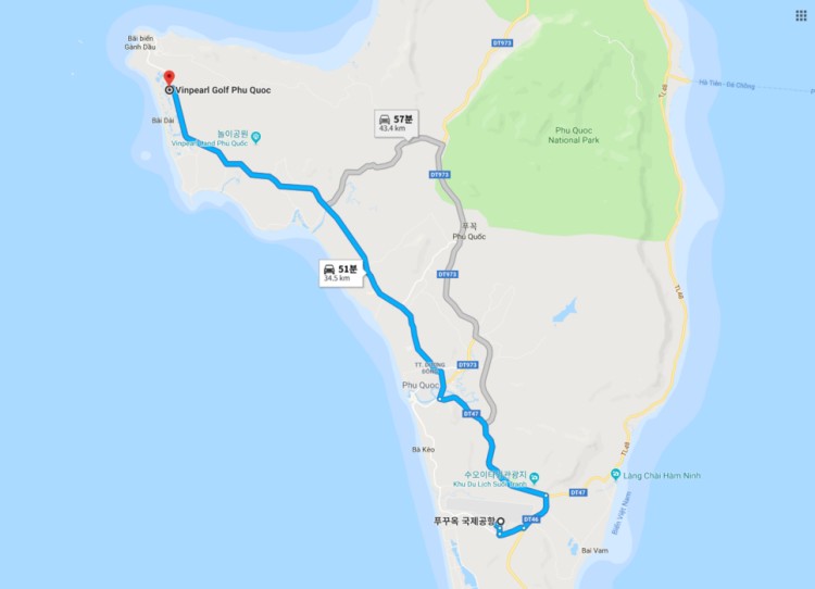 푸꾸옥 국제공항에서 푸꾸옥 빈펄 골프장(Vinpearl Golf Phu Quoc)까지 거리 및 이동시간